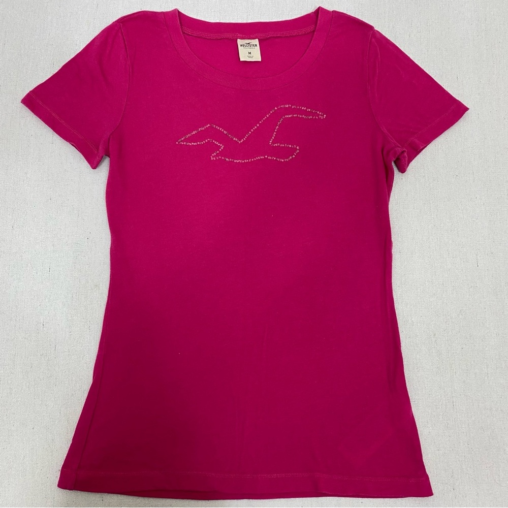 Hollister Y2K Beaded Logo Pink Tee Shirt Size M